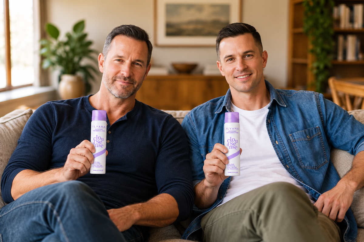The two ILVANA brand models relaxing at home, each holding ILVANA body hair removal foam